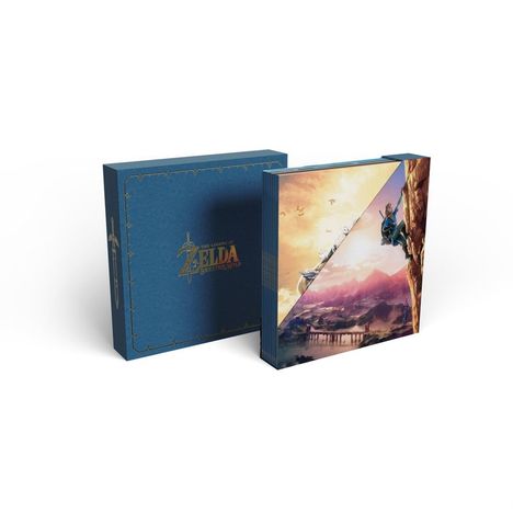 „The Legend of Zelda: Breath of the Wild“ steht auf einer blauen Box neben einem illustrierten Szenenbild mit Berglandschaft.