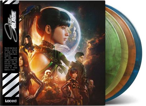 "Silver Blade" steht oben. Geschenkbox enthält 67 Vinyl-Tracks. Illustration zeigt mehrere Figuren vor einem Weltall-Hintergrund.