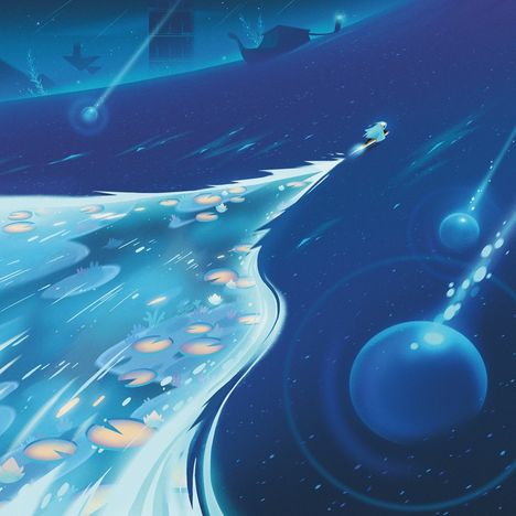 Illustration eines blauen, fantasievollen Szenarios mit einer Figur, die auf einem funkelnden Weg geht.