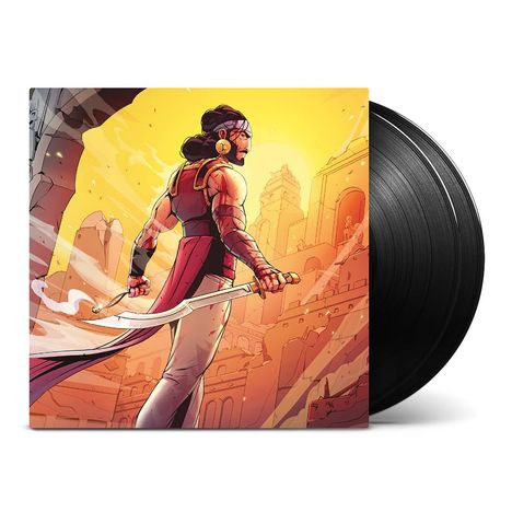 Illustration eines Kriegers mit Schwert vor einer antiken Stadt bei Sonnenuntergang. Vinyl im Hintergrund.