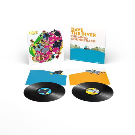 "DAVE THE DIVER ORIGINAL SOUNDTRACK", zwei Schallplatten, bunte Hüllen mit Illustrationen von Tauchern und einem Boot.