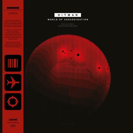 "Hitman: World of Assassination. Original Score by Niels Bye Nielsen." Rote, gestreifte Kreiselemente auf schwarzem Hintergrund.