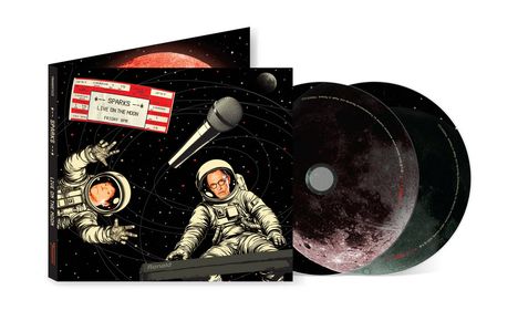 Text: "SPARKS LIVE ON THE MOON", "FRIDAY 8PM". Illustration: Zwei Astronauten im Weltall mit einem Mikrofon, CDs mit Mondmotiv.