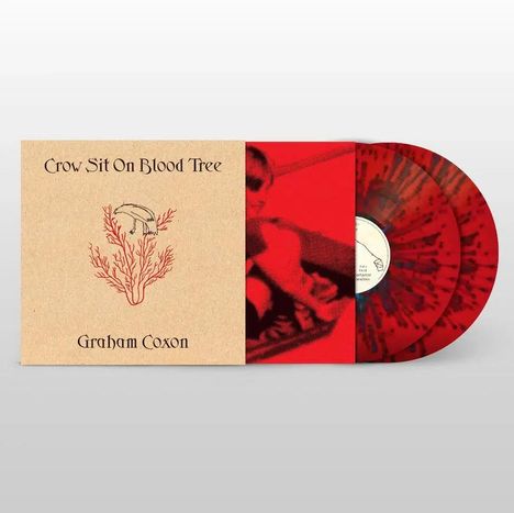 "Text: Crow Sit On Blood Tree, Graham Coxon. Illustration mit stilisiertem Baum und Krähe. Zwei rote Schallplatten."