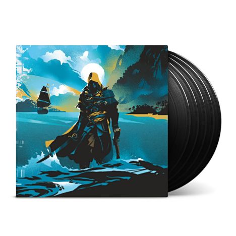 Eine Illustration zeigt eine vermummte Figur am Wasser, mit einem Segelschiff im Hintergrund und Sonnenuntergang.
