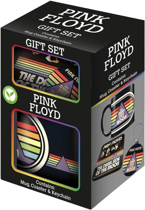 "PINK FLOYD GIFT SET Contains: Mug, Coaster & Keychain." Schwarze Box mit Regenbogen und prismatischem Design.