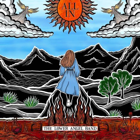 Text: "ALL IN", "THE LOWER ANGEL BAND". Ein Mädchen in blauem Kleid schaut in eine Berglandschaft mit Engel, Sonne und Wolken.