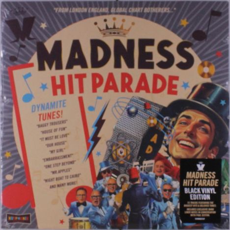 "Madness Hit Parade" in großen Buchstaben, dynamische, bunte Illustration mit fröhlichen Musikern in blauen Anzügen.