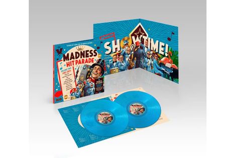 "Madness Hit Parade", "Showtime!" Zwei blaue Vinylplatten und buntes Cover mit fröhlicher Bandillustration.