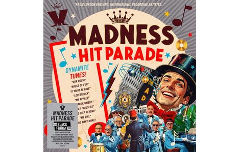 Text: MADNESS HIT PARADE, DYNAMITE TUNES! 
Beschreibung: Retro-Illustration mit Musiknoten, Mikrofon, tanzenden Musikern und fröhlicher Person mit Zylinder.