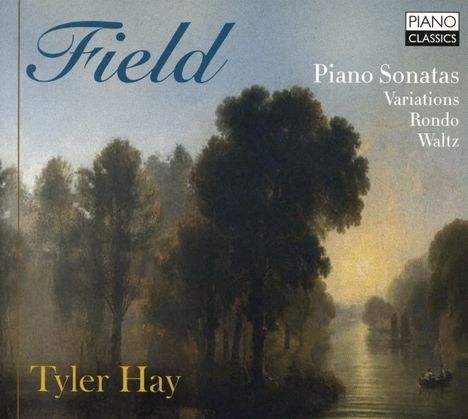 „Field“, „Piano Sonatas“, „Variations“, „Rondo“, „Waltz“, „Tyler Hay“. Ein Gemälde eines ruhigen Flusses bei Sonnenuntergang.