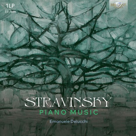 "STRAVINSKY PIANO MUSIC Emanuele Delucchi." Abstrakte grüne Darstellung eines verwobenen Baumgeflechts.