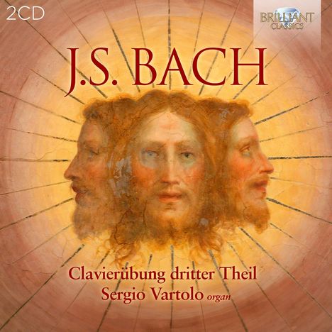 "J.S. BACH" in großer Schrift, drei Gesichter in der Mitte, umgeben von strahlenden Linien.