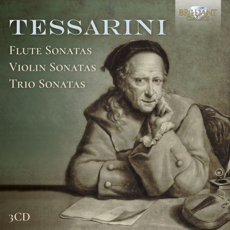 TESSARINI: Flute, Violin, Trio Sonatas; 3CD. Alte Person maltretisch, Violine und Papiere liegen vor ihr.