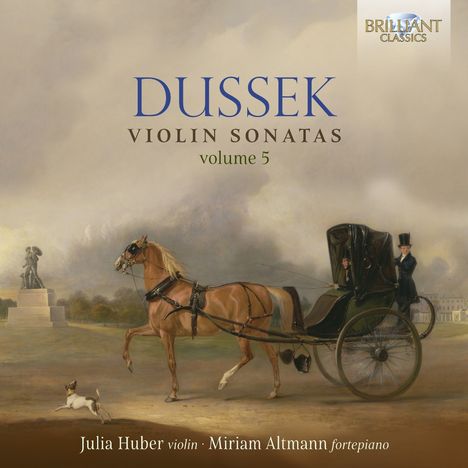 „DUSSEK VIOLIN SONATAS volume 5“; unten: „Julia Huber violin · Miriam Altmann fortepiano“. Kutsche mit Pferd und Statue.