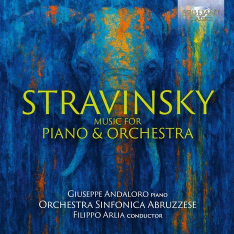 "STRAVINSKY MUSIC FOR PIANO & ORCHESTRA" steht im Vordergrund. Ein stilisierter blauer Elefant mit orangen Akzenten dominiert.