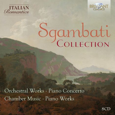 "Sgambati Collection" in großen Buchstaben, darunter verschiedene Musikwerke. Landschaftsgemälde mit Hügeln und Gebäude.