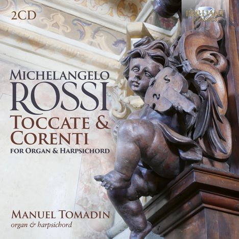 „Michelangelo Rossi: Toccate & Corenti for Organ & Harpsichord.“ Eine dekorative Holzskulptur eines Engels.