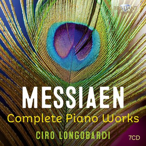 MESSIAEN, Complete Piano Works, Ciro Longobardi, 7CD. Pfauenfeder auf blauem Hintergrund.