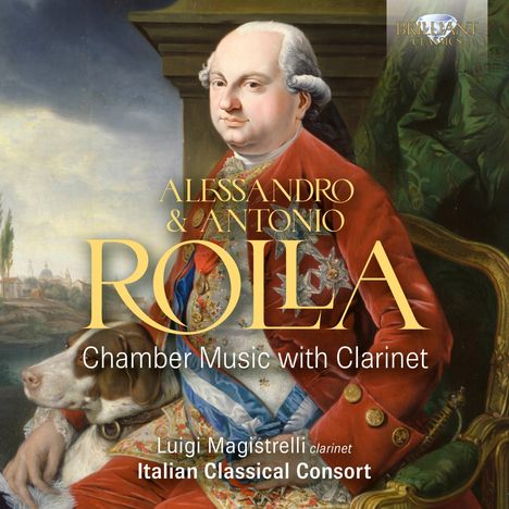 Alessandro & Antonio Rolla, Chamber Music with Clarinet. Gemälde eines Mannes in roter Kleidung mit einem Hund.