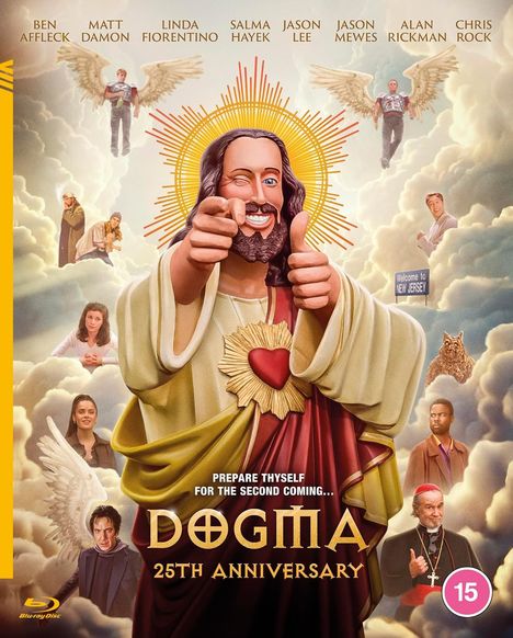 „Dogma 25th Anniversary“ mit „Prepare Thyself for the Second Coming“. Figuren in himmlischer Szenerie, ein ikonisches Abbild mit Heiligenschein.