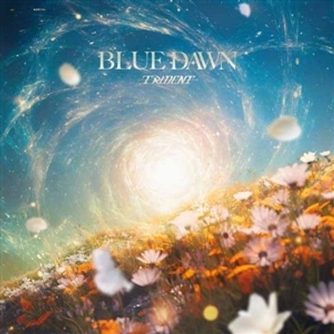 "BLUE DAWN" und "TRIDENT" sind in der Mitte. Illustration mit einer strahlenden Galaxie und Blumenwiese.
