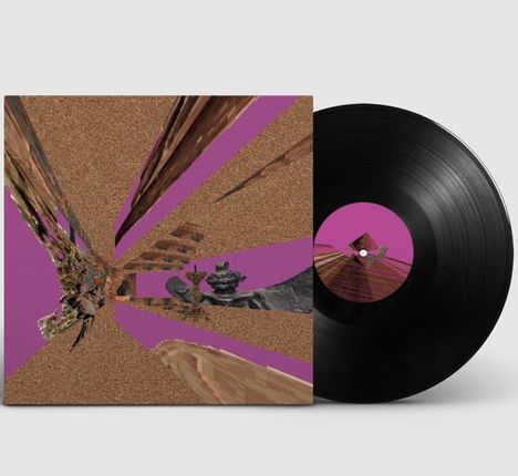 Keine erkennbaren Texte. Das Cover zeigt ein abstraktes Muster aus braunen und lila Strahlen. Schallplatte daneben.