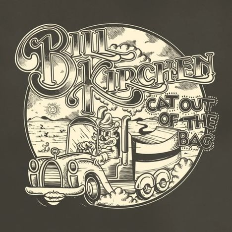 "Bill Kirchen, Cat Out of the Bag." Illustration: Ein Truck mit katzenartigem Fahrer in einer Landschaft, Retro-Stil.