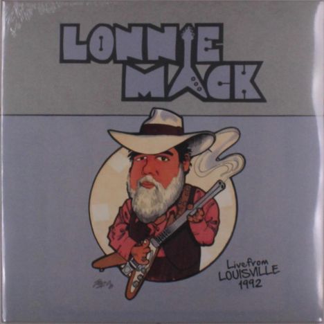 „LONNIE MACK, Live from LOUISVILLE 1992.“ Eine Karikatur eines Mannes mit Gitarre und Cowboyhut.