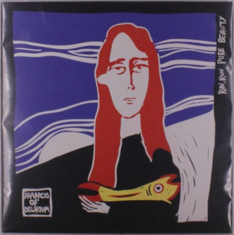 Run Run Pure Beauty. Illustration von Person mit rotem Haar, gelbem Fisch in der Hand, blauer Hintergrund mit Linien.