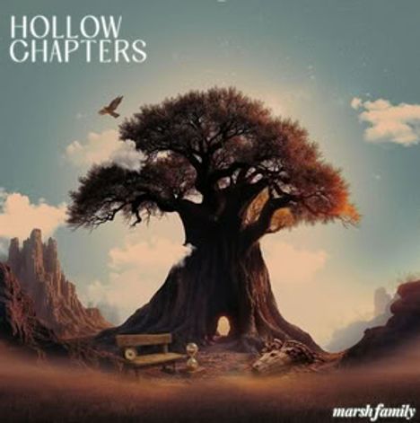 "Hollow Chapters", "marsh family". Große, alte Baum-Illustration mit Bank und Totenkopf darunter in bergiger Landschaft.