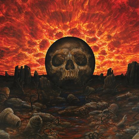 Illustration eines riesigen Schädels vor brennend rotem Himmel, umgeben von Ruinen und verkohlter Erde.