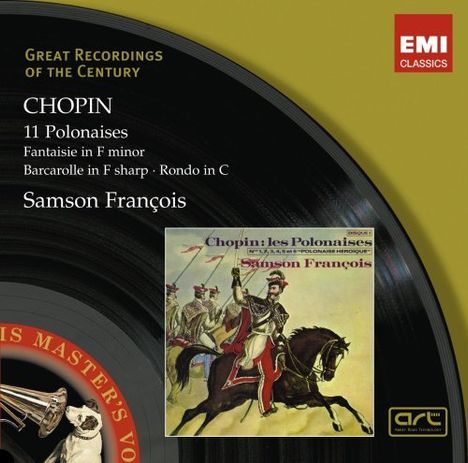 "Chopin, 11 Polonaises, Fantaisie in F minor. Samson François. EMI Classics Logo. Gelbes und schwarzes Design mit Reiterbild."