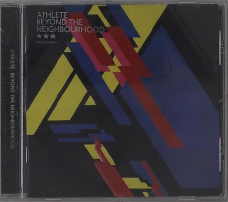 "Athlete Beyond the Neighbourhood" und geometrische Formen in Gelb, Rot, Blau auf schwarzem Hintergrund.