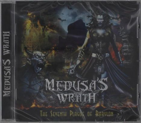 Texte: "MEDUSA'S WRATH", "The Seventh Plague of Babylon". Illustration mit Medusa-Figur und feuerspeiendem Hintergrund.