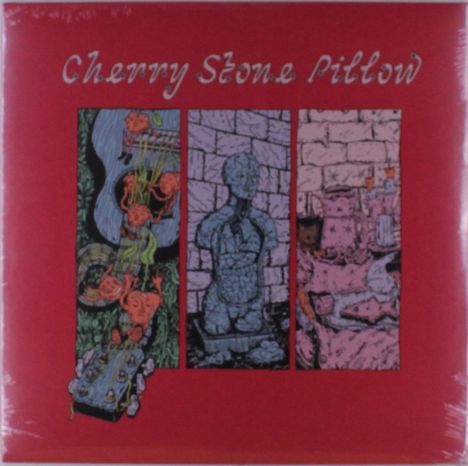 "Cherry Stone Pillow". Rotes Layout mit drei illustrativen Panels: Blumen und Musiknoten, Statue, Steine und Objekte.