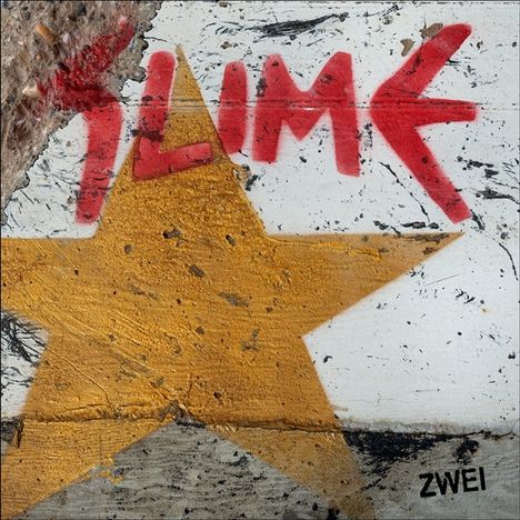 Roter Schriftzug "SLIME" und "ZWEI" auf Beton, gelber Stern als Hintergrund.