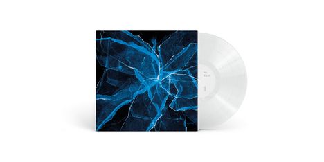 Weiße Schallplatte; Cover zeigt blaue, blitzartige Muster auf schwarzem Hintergrund. Minimalistisches Design.