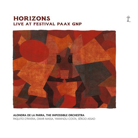 HORIZONS. LIVE AT FESTIVAL PAAX GNP. Alondra de la Parra, The Impossible Orchestra. Illustration mit stilisierten Figuren in Rot- und Brauntönen.