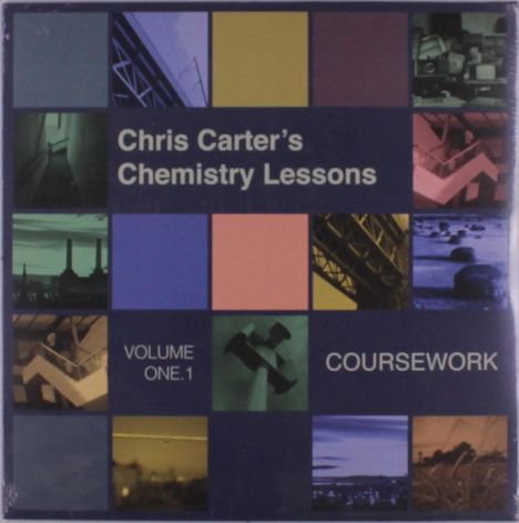 Text: "Chris Carter's Chemistry Lessons", "VOLUME ONE.1", "COURSEWORK". Viele bunte quadratische Bilder in einem Gitter.
