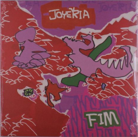 Text: "JOYERIA", "FIM". Illustration mit abstrakten Formen in Rot, Pink und Lila, stilisierte Figuren und dynamische Linien.