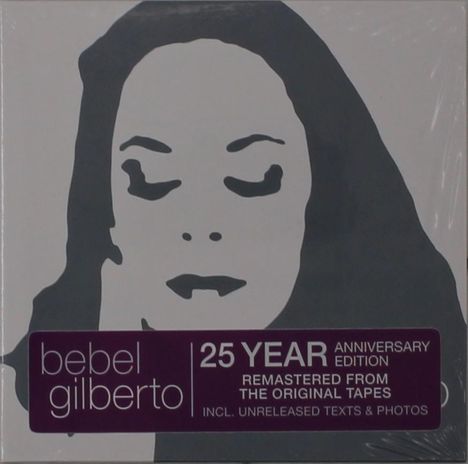 "Bebel Gilberto 25 Year Anniversary Edition" steht auf einem lila Hintergrund, abstrakte Porträtzeichnung.