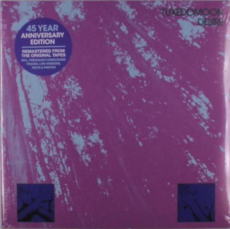 45 YEAR ANNIVERSARY EDITION, TUXEDOMOON DESIRE, violettes Cover mit abstraktem Muster, zwei kleine blaue Quadrate.
