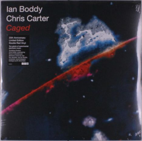 "Ian Boddy, Chris Carter, Caged. 25th Anniversary Limited Edition Double Red Vinyl. Abstrakte, kosmische Illustration."