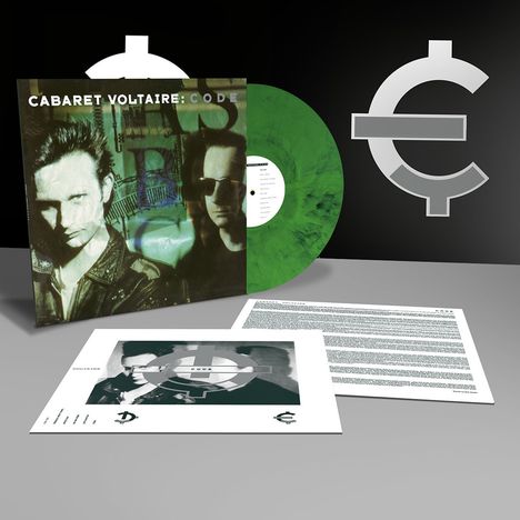 "Cabaret Voltaire: Code" auf einem Albumcover, daneben eine grüne Schallplatte, Texte und ein stilisiertes Logo im Hintergrund.
