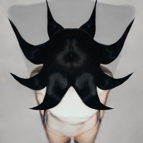 Eine Person mit schwarzen Haaren, die nach oben in spitzen Formen gestylt sind. Die Perspektive ist von oben.