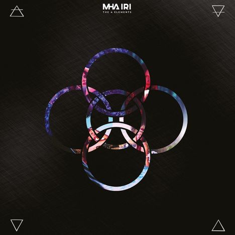 Text: "MHA IRI THE 4 ELEMENTS". Fünf farbige, ineinander verschlungene Ringe auf schwarzem Hintergrund.