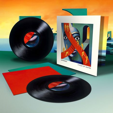 Text siehe zwei Mal: "APPARAT", "A HUM OF MAYBE". Zwei Schallplatten, surrealistische Albumkunst mit Figuren und Formen.