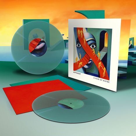 Text: "Apparat", "A Hum of Maybe". Eine transparente Vinyl-Schallplatte und ein auffälliges, surrealistisches Cover.