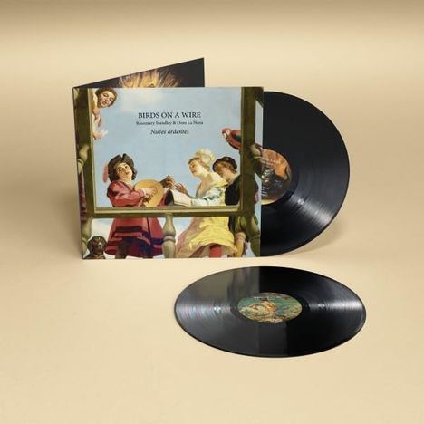 „BIRDS ON A WIRE“ und „Nues ardentes“. Zwei Schallplatten und ein Albumcover mit einem klassischen Gemälde von Menschen.